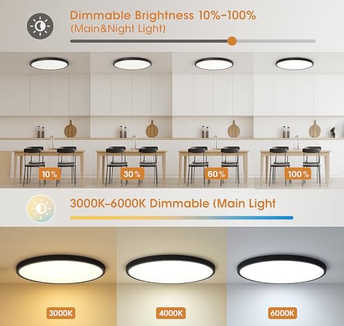 Image of PANCA 12-Inch LED Ceiling Light with Remote | 24W 3-Color Dimmable Smart Ceiling Light with Night Light Mode | Warm, Cool & Neutral Flush Mount Round Ceiling Lamp for Home (Black)