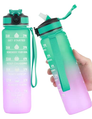 Gourde Sport 1 Litre, Bouteille d'eau Avec Paille,Gourde Reutilisable Tritan sans BPA Anti-Fuite ,Bouteille avec Traqueur de Marqueur de Temps pour Camping, Adulte, Enfant, Cyclisme, Voyager Cover