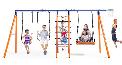 Swing Sets for Backyard 700 lbs - 6 in 1 Multifunction Swing Set Outdoor for Kids Playground, Larger Heavy Duty Metal Swing Stand with 3 Adjustable...