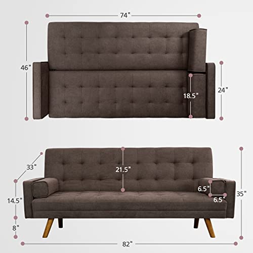 Yeshomy, Upholstered Modern Convertible Couch Sofa With Soft Pillow, Comfortable Futon Sofa Bed Suitable For Bedroom, Apartment, Dormitory Retro Style, Brown #TOP7