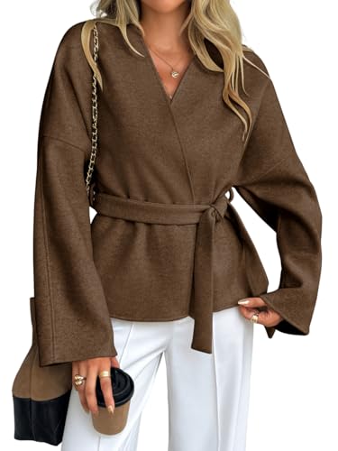 EHSUYAB Old Money Women Cropped Pea Coat, Short Wrap Belted Blazer Jackets, Winter Work Office Business Fashion Casual Outfit Brown Medium