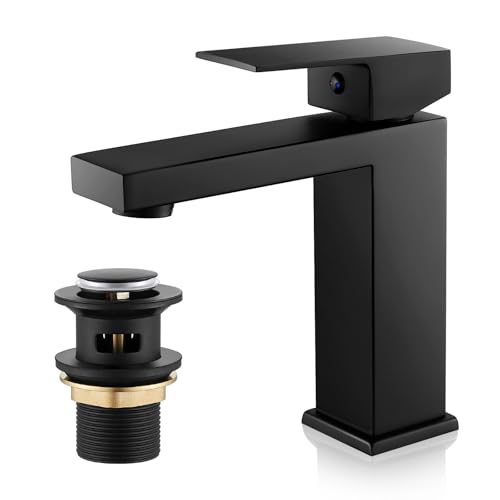 Basin Mixer Tap with Drain Black Bathroom Sink Taps with Waste Monobloc Single Handle Washroom Faucet Modern Washbasin Tap Mixer with Pop Up Waste