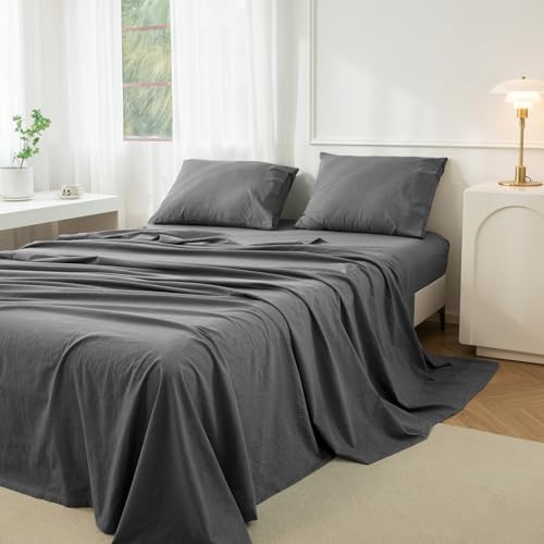 JIYUAN Twin Washed Cotton Sheet Set, 3-Piece, Relaxed Linen Feel - image 4