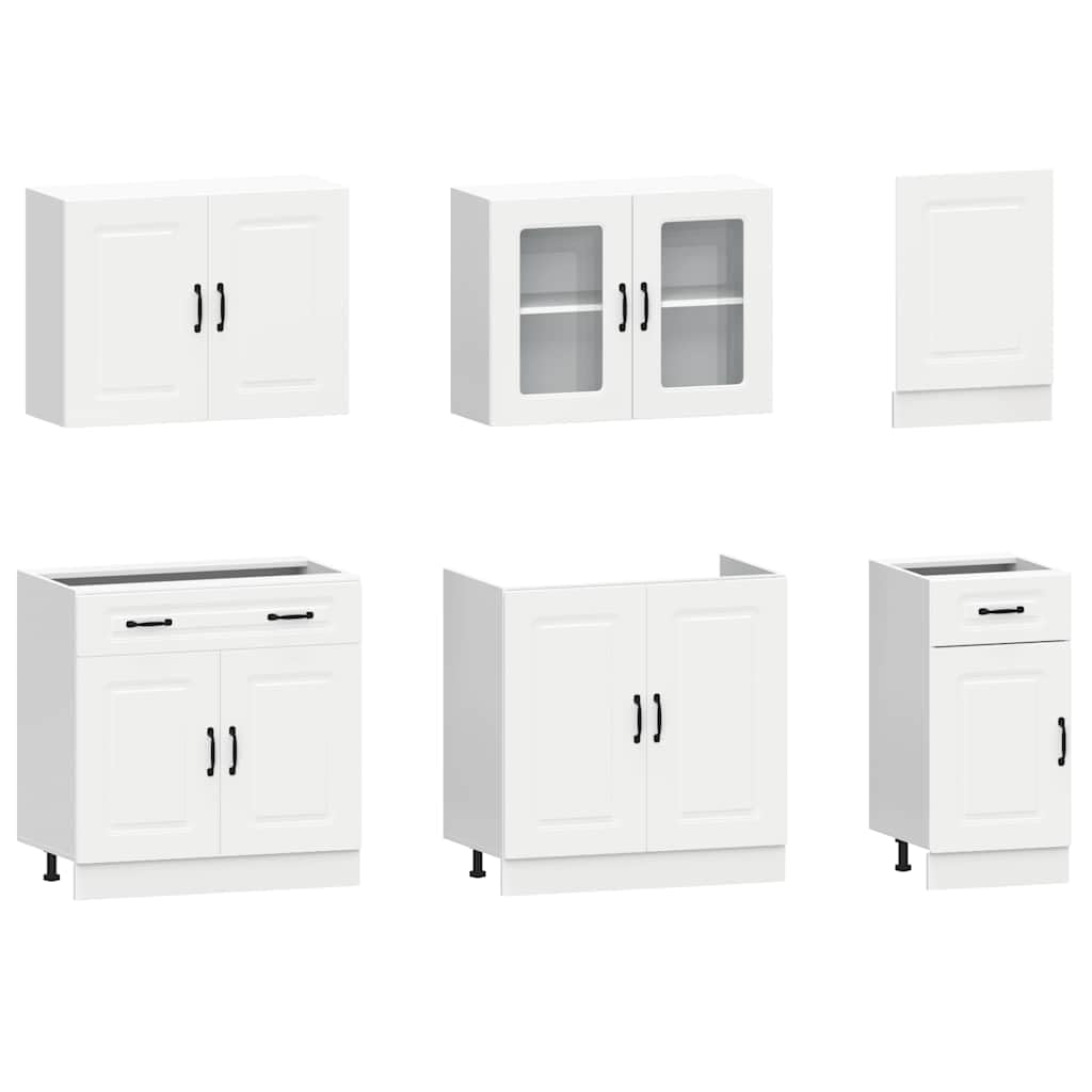 Set di mobili da cucina Kalmar, 7 pezzi, mobile da cucina bianco in legno, mobili da cucina moderni con pensili e pannello per lavastoviglie