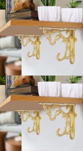 Image of Metal Handcrafted Shelf Bracket for Floating Shelves L Angle Decorative L Shaped Corner Brace Joint Heavy Duty Wall Mounted Shelf Supporter Corner Brace Holder (Gold, Pack of 4)