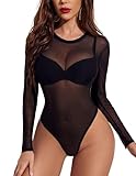 Avidlove Sexy Mesh bodysuit for Women Black Long Sleeve Bodysuit Round Neck Sheer Leotards Sexy Tops Snap Crotch Black Medium