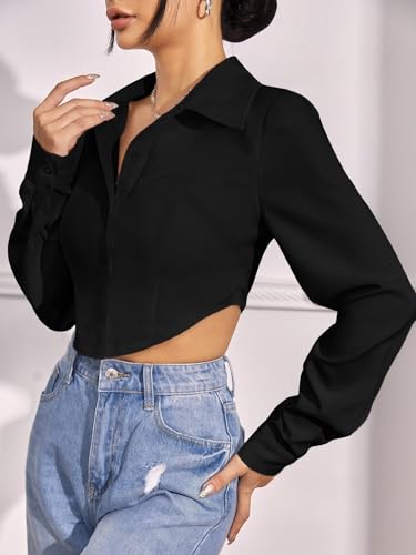 Image of GRECIILOOKS Women`s Oversized Fit Crop Top Shirt | Casual Long Sleev Stylish Collared Shirts for Womens | Comfortable Rich Korean Button Down | Formal Look Stylish Trendy Shirts