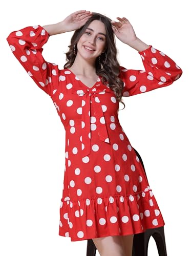 Image of GOD BLESS Red Colored Cotton Polka Dot Printed Short Dress,Short Length,Full Sleeeves,V Neck
