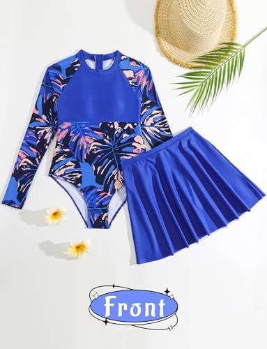Image of SEAUR Teen Girls Rash Guard Set Two Pieces Printed Zipper Swimsuit Skirt with Skirt Long Sleeve Zipper Swimsuit Surfing Suits Beach Swimwear Dark Blue 12 Years