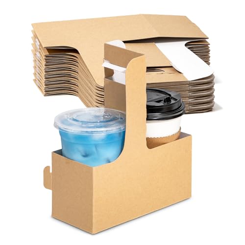 [25 Pack] 2 Cup Drink Carrier with Handle - Kraft Paperboard Handled Drink Carriers 12 - 30 oz To Go Coffee Cup Holder, For Hot and Cold Cup Carrier, Takeout, Cafe and Restaurant Food Service Delivery