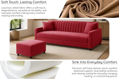 Image of Modern Three Seater Wooden Sofa Set with Ottoman, Soft Velvet Upholstery, Comfortable Couch for Living Room, Office & Apartment - Red Color