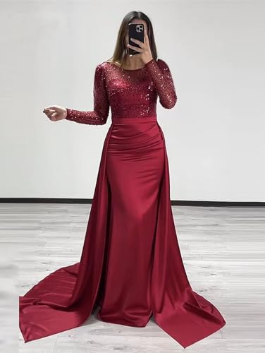 Long Sleeve Sequin Satin Prom Dresses for Women 2025 Long Mermaid Round Neck Sexy Formal Evening Party Gown with Train4