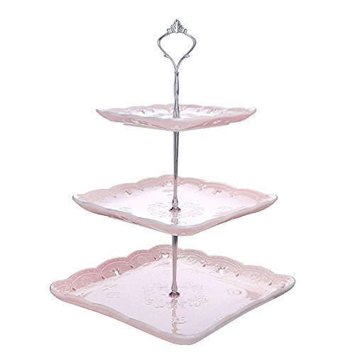 MALACASA Tiered Cupcake Tower Stand 3-Tier Porcelain Square Cake Stand Food Display Stand Serving Trays for Cupcakes Dessert Cookies Tapas and Cheese Pink