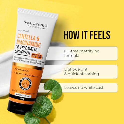 Image of Dr. Sheth's Centella & Niacinamide Oil-Free Matte Sunscreen SPF 50+ PA++++ | In-Vivo Tested | Controls Excess Oil & Sebum | Soothes Acne Prone Skin | Lightweight & Non Greasy | For UVA /UVB, Blue Light & IR Protection | No white cast | For Oily Skin | For Men & Women | 50 g