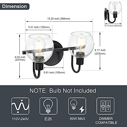 Image of Black 2-Lights Wall Sconce Lighting with Seeded Glass Lampshades Industrial Bathroom Vanity Light Fixtures for Hallway Kitchen Bedroom