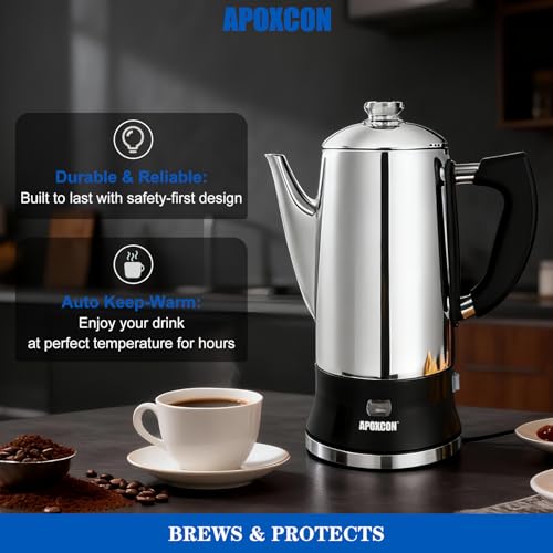 Image of APOXCON Electric Coffee Percolator Stainless Steel Coffee Maker with Clear Brew Progress Tough Glass Knob and On /OFF Switch Classic Coffee Pot with Keep Warm & Cordless Serve No Aluminum (12 Cup)