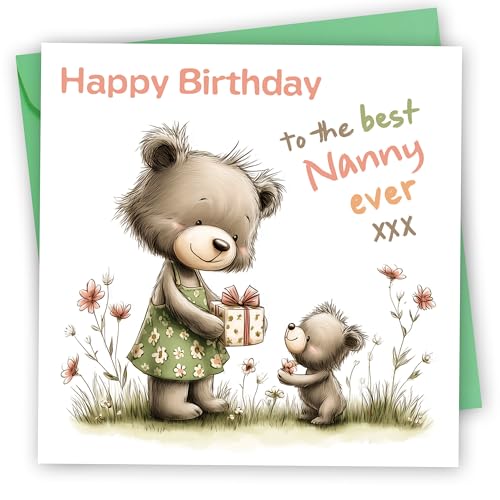 Birthday Card for Nanny. Bears Design. 150x150mm supplied with Envelope. Eco-friendly. Message inside. Made in Britain.