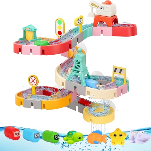 Badewannenspielzeug 52 Stück Badespielzeug für Kinder ab 3 4 5 6 Jahre DIY Kugelbahn Badewannen Spielzeug Kinder Wasserspielzeug mit Tier Squeeze Spielzeug und Aufbewahrung Geschenke für Kinder