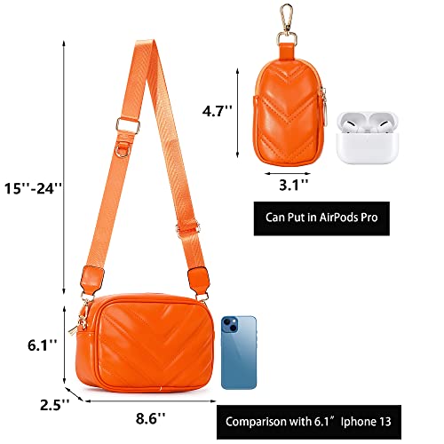 Image of Herald Chevron Quilted Small Crossbody Bag with Coin Purse Pouch, Women Square Camera Side Shoulder 2 Size Handbags (Orange)