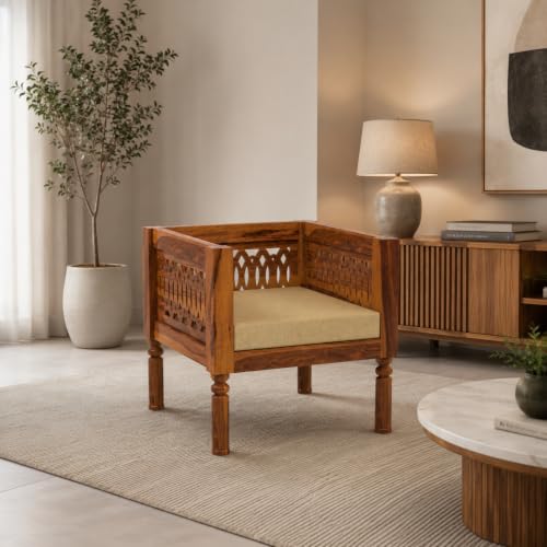 Image of NATRAJ ART & CRAFT Sheesham Wood 1 Seater Sofa Set for Living Room | Wooden CNC Sofa Set for Living Room Furniture (1 Seater, Honey Finish)