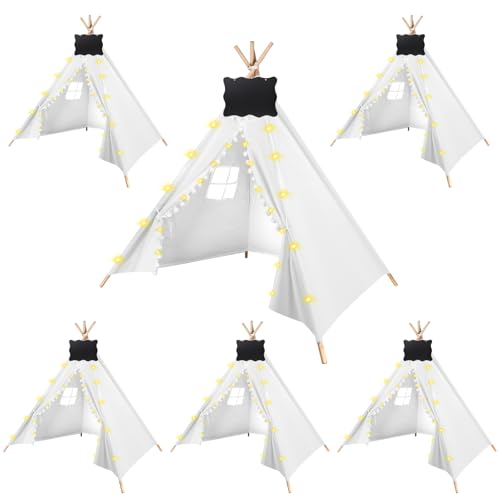 6 Packs Teepee Tent for Kids with 10FT String Lights, Indoor Outdoor Play Teepee Tent for Girls & Boys, Foldable Tents for Birthday Party Boho Sleepovers Party (White)