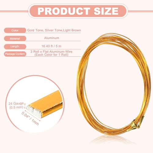 Image of uxcell 3 Rolls 24 Gauge Flat Aluminum Wire, 16.40 ft Soft Craft Wire for Flower Bonsai Crafts Carving DIY Bezel Sculpting Gem Metal Wrap, Gold Tone, Silver Tone, Light Brown