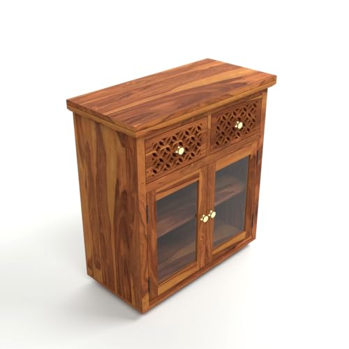 Image of Solid Sheesham Wood Sideboard Cabinet for Living Room | Wooden Storage Cabinet with 2 Acrylic Glass Doors & 2 Carved Drawers | Modern Display Sideboard for Home (Honey Finish)