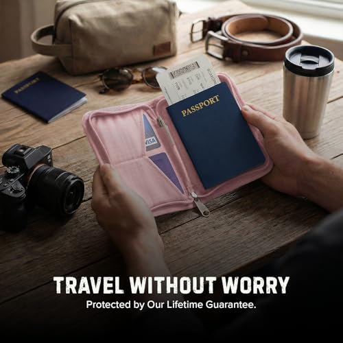 Image of Zero Grid RFID Passport Holder & Travel Wallet, Zippered Wallet for Men & Women, Fits Passport, Cards, Cash, Tickets, ID, Sim Card; Premium & Compact Travel Document Holder - Rose Pink