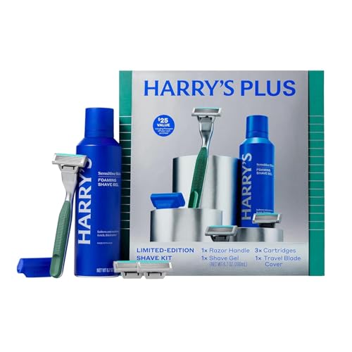 Harrys Plus Shave Gift Set for Men Limited Edition Shave Kit for Men 1 Razor Handle 3 Cartridges 1 Travel Blade Cover and 6.7 oz Foaming Shave Gel