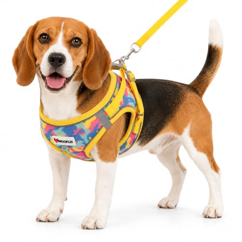 Image of Wooflix Reflective No Pull Dog Harness with Leash for Puppies, Small & Medium Breed Dogs, Adjustable Soft Breathable Padded Mesh Pet Harness Vest, Yellow | Extra Large (7 kg - 10 kg Dogs & Cats)