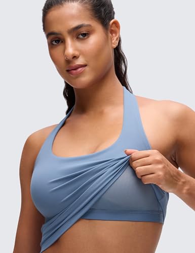 Image of CRZ YOGA Butterluxe Halter Crop Tank Tops | Light Support, Removable Pads, Yoga, Extremely Soft, Open Back, Longline Sports Bras for Women