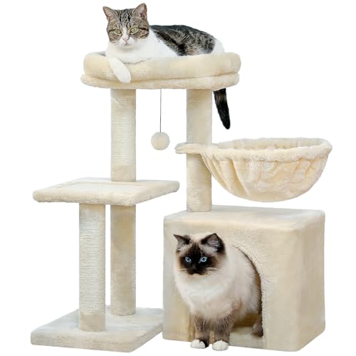 PAWZ Road Small Cat Tree, 73cm Cat Tower for Indoor Cats, 2 Styles Cat Activity Tree with Cat Scratching Posts, Big Hammock and Removable Top Perch Beige