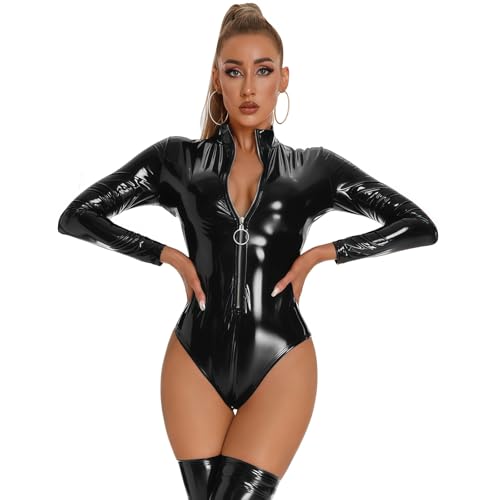 Women's Shiny Leather Bodysuit, Long Sleeve Glossy PVC One Piece Patent Catsuit, Wet Look Zipper Front Skinny Jumpsuit for Cosplay Clubwear, Metallic Stand Collar Nightwear Leotard for Festival Rave - Image 3