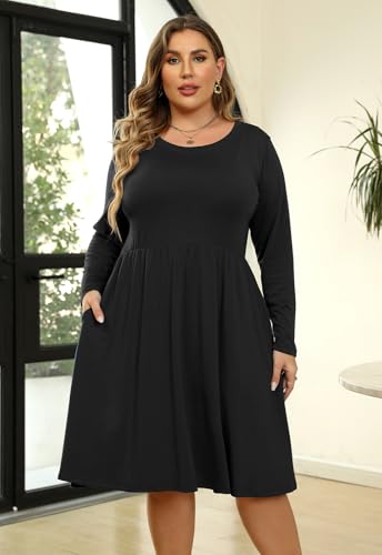Image of Nemidor Women's Round Neck Long Sleeve Casual Plus Size Fit and Flare Midi Dress with Pocket NEM169