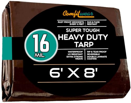 COMFITWEAR 16 MIL Heavy Duty Tarp Super Heavy Duty Tarp Cover 16 MIL Multi-Purpose Extra Heavy Duty Tarps Car Tarp Boat Tarp Camping Tarp General Purpose Waterproof Tarp Cover (6' X 8', Brown)