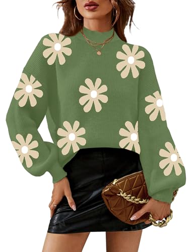 Zeagoo Sweaters for Women 2025 Fall Fashion Trendy Long Sleeve Lantern Knit Sweater Tops Green-Flower