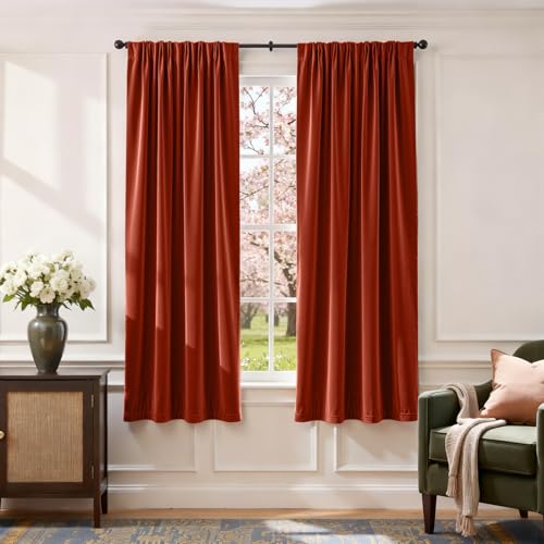 Image of Blackout Rust Red Velvet Curtains Rod Pocket 52x72 Inch 2 Panels | Soft Velvet, For Small Windows, Kitchens & Bathrooms, Light Shifting Texture, Elegant Luxury Drape, Charming, Rod Pocket