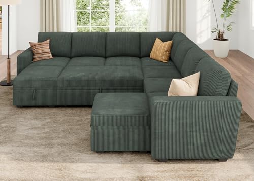Image of HONBAY Modular Sectional Sleeper Sofa with Pull Out Couch, Corduroy Oversized Sectional Couches Pull Out Bed with U Shaped Sleeper Storage for Living Room - Green
