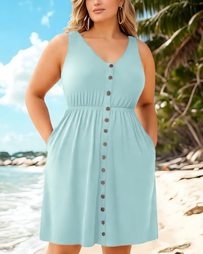 Image of Holipick Women's Plus Size Summer Dresses for Women Casual Dress with Pockets A-Line Swing Button Down Sleeveless V Neck