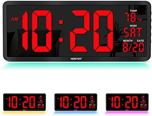 YORTOT 16” Large Digital Wall Clock with Remote Control - Adjustable Dimmer, 7 Color Night Lights, Big LED Clock with Indoor Temperature, Date, Auto DST, 12/24Hour, Wall Mount/Foldable Stand