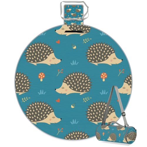Shimoshe Mushroom Nut Hedgehog Picnic Outdoor Blanket Foldable Waterproof Sandproof Beach Blanket Portable Water-Resistant Round Picnic Mat for Travel Camping Park Lawn