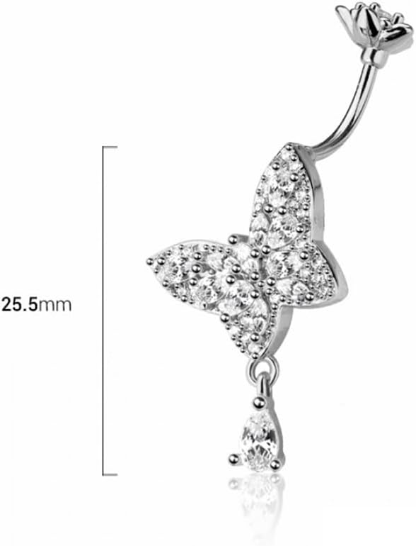 Pierced Owl 14GA 316L Stainless Steel CZ Crystal Butterfly with Dangling Teardrop Belly Button Ring - Image 2
