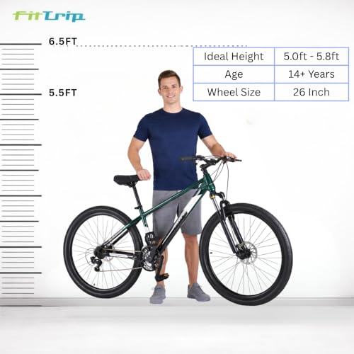 Image of FitTrip Dominator 26 T Unisex MTB | 21 SPD Shimano Gear Cycle for Boys | Zoom Alloy Lockout Suspension | Imported Clarks UK Dual Disk Brakes | Unisex Stunt MTB Cycle (British Racing Green)