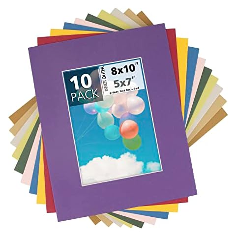 Mat Board Center, Pack of 10, 8x10 Mixed Colors White Core Picture Mats Mattes Matting for 5x7 Picture Cover