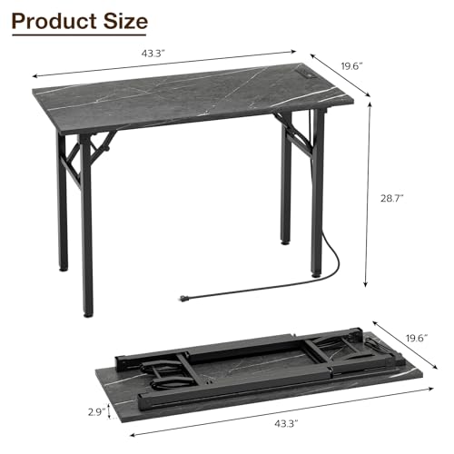 Image of TEMI Small Computer Desk Folding Table - No Assembly, Compact 43.3 inch Foldable Desk with Power Outlets & USB Charging Port, Portable Small Office Desk, Ideal Mini Study Table, Marble Greige