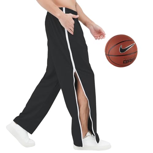 YOSINISO Mens Post Surgery Tearway Pants, 2 Side Zippers Leg Full Open Down Basketball Tear Way Pants Recovery Breakaway Snap On Off Sweatpants with Pockets Black
