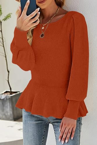 Image of Womens Fall Puff Sleeve Peplum Casual Slim Fit Knit Pullover Sweater Jumper Tops