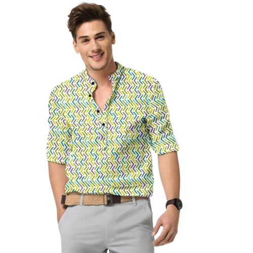 Image of Dream Crushers Cotton Blend Solid Casual Short Kurta for Men Long Sleeve Mandarin Collar Stylish Shirt Kurta for Men