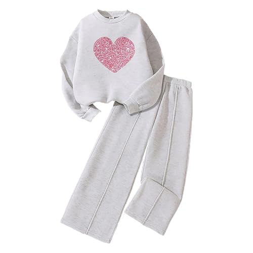 Verve Jelly Conjunto de chándal para niñas con Estampado de corazón Casual Suelto Jogging Pantalones de 2 Piezas de Manga Larga Jersey Superior y Pantalones Traje de San Valentín Gris 140 8-9 años
