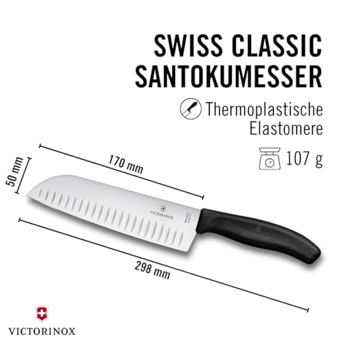 Foto von Victorinox Swiss Classic Santokumesser, Messer Asiatischer Art, Extra Scharfe Klinge, Kullenschliff, 17 cm, Rostfreier Stahl, Blister, Schwarz